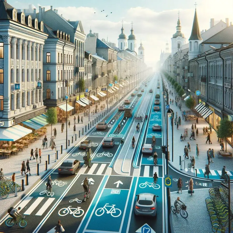 DALL E 2023 11 28 15.43.17 An image that visualizes an advanced bicycle infrastructure in a cityscape that closely resembles the current architecture and atmosphere of Sumy Ukr